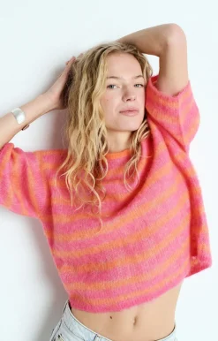 American Vintage AV Nenbay SS Stripe Knit in Orange, Hibiscus