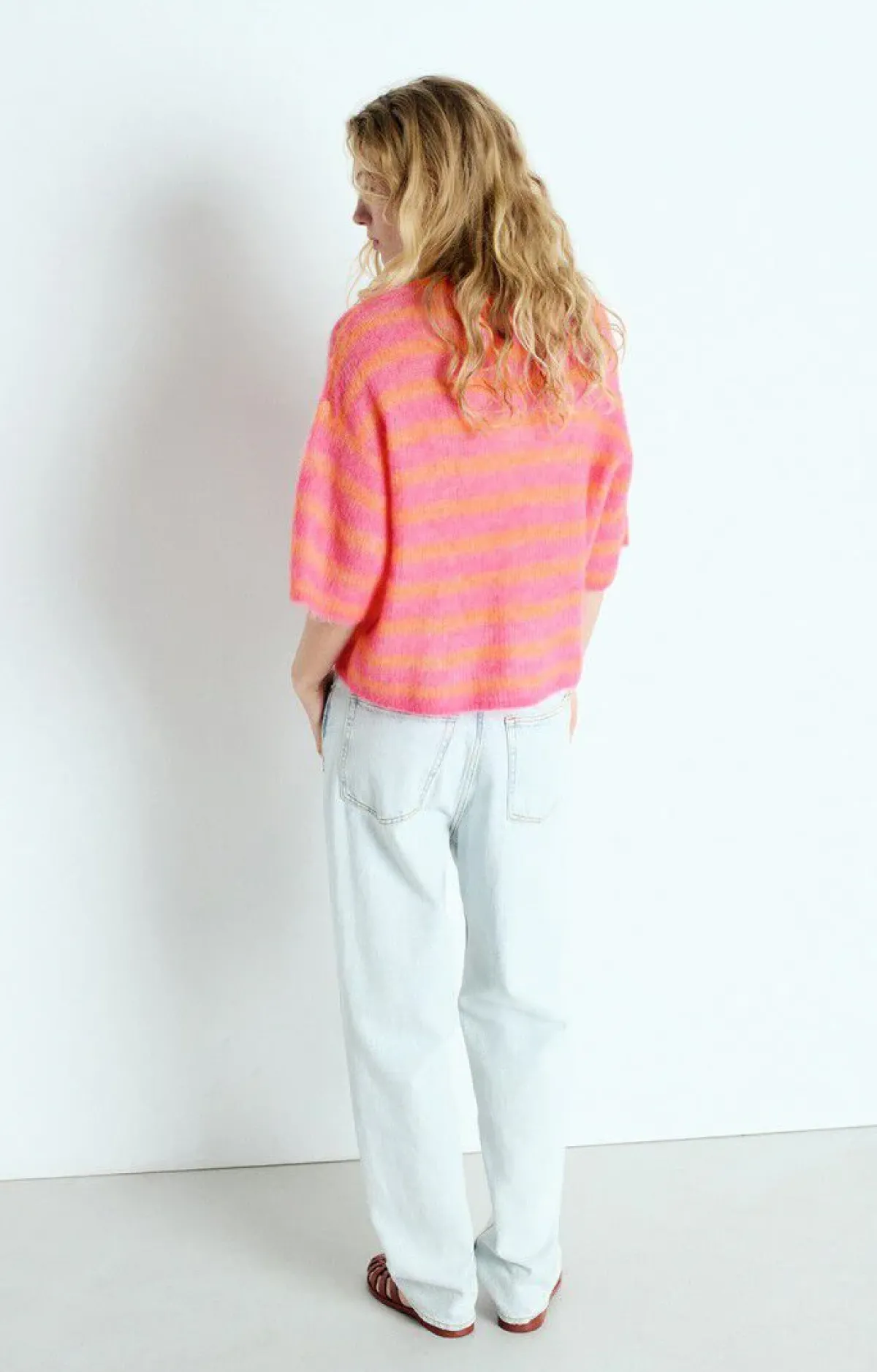 American Vintage AV Nenbay SS Stripe Knit in Orange, Hibiscus