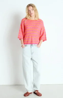 American Vintage AV Nenbay SS Stripe Knit in Orange, Hibiscus