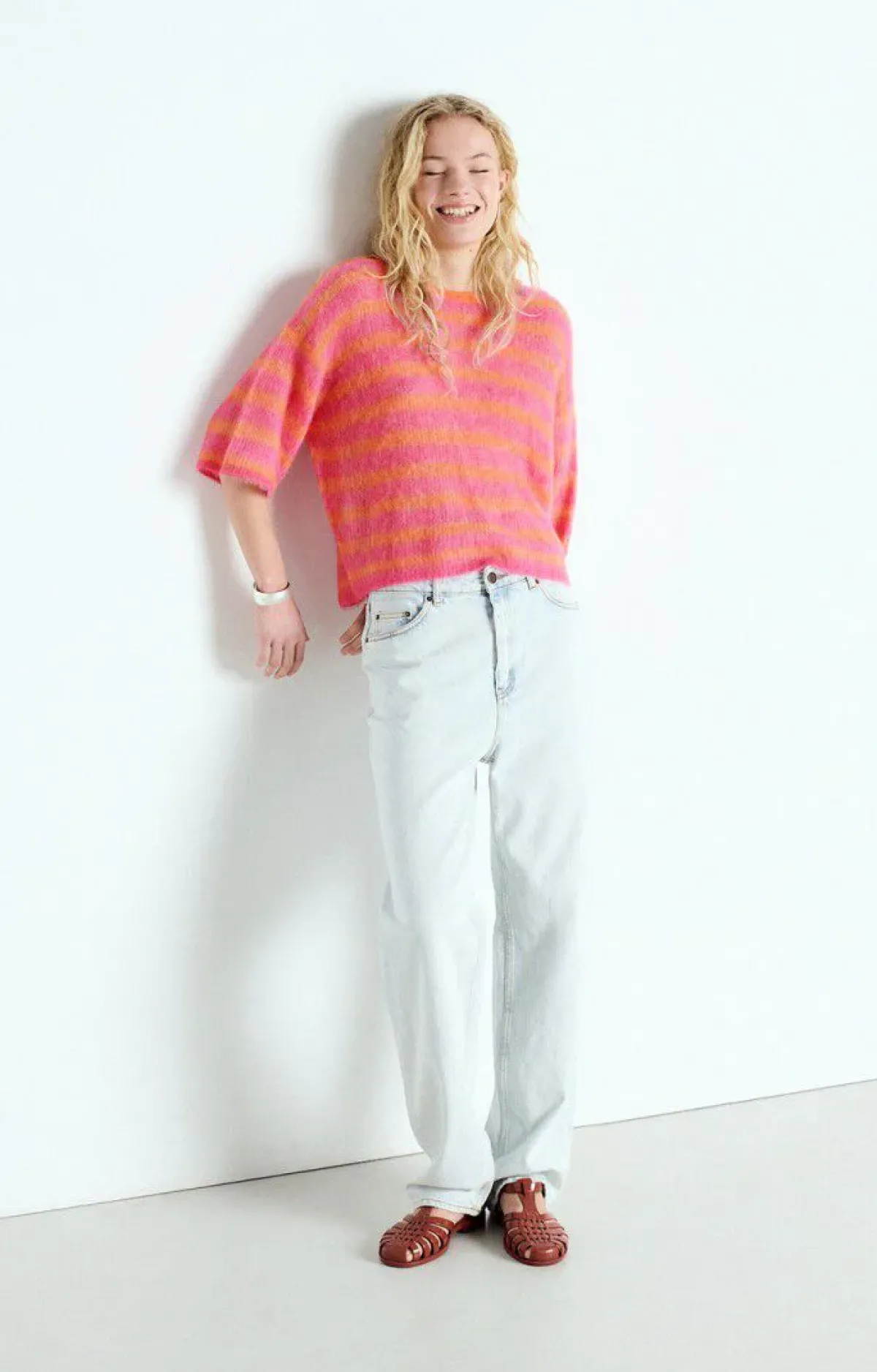 American Vintage AV Nenbay SS Stripe Knit in Orange, Hibiscus