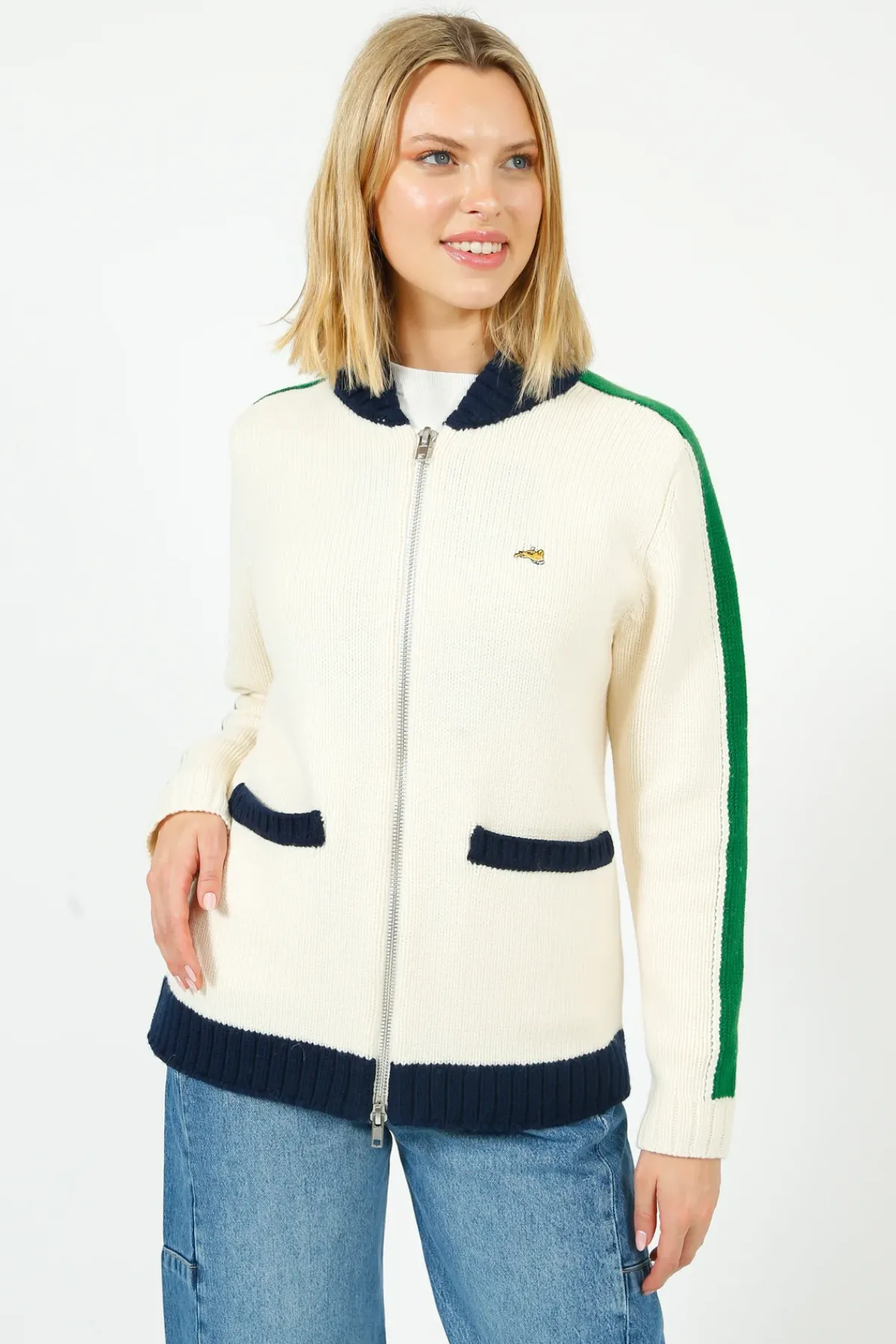Bella Freud BF College Zip Up Bomber Jacket in Cream, Green