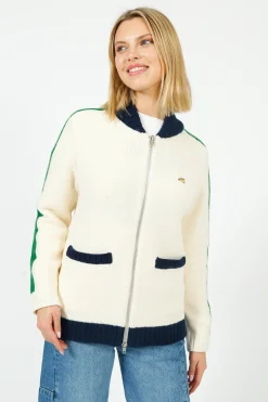 Bella Freud BF College Zip Up Bomber Jacket in Cream, Green