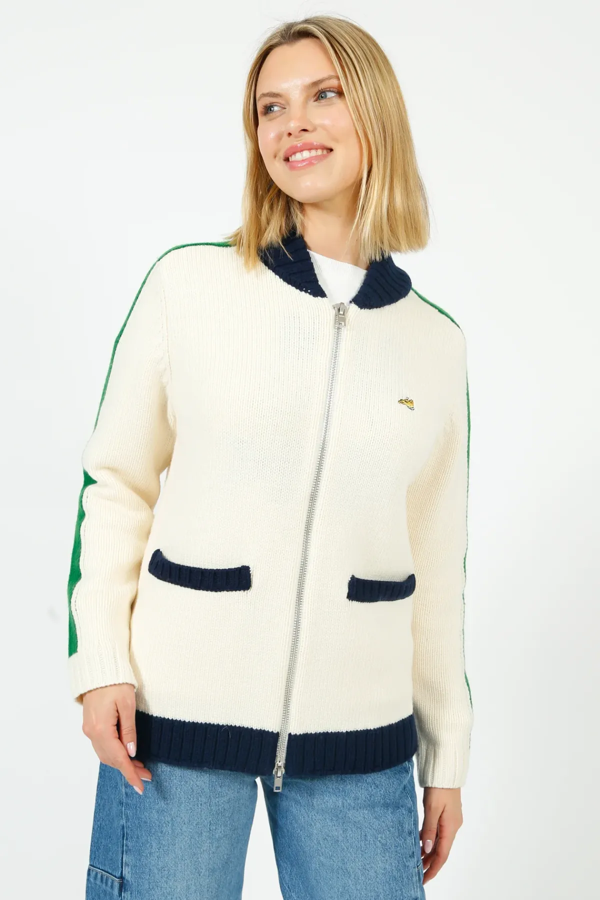 Bella Freud BF College Zip Up Bomber Jacket in Cream, Green