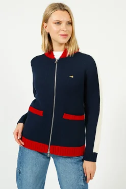 Bella Freud BF College Zip Up Bomber Jacket in Navy, Red