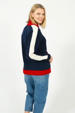 Bella Freud BF College Zip Up Bomber Jacket in Navy, Red
