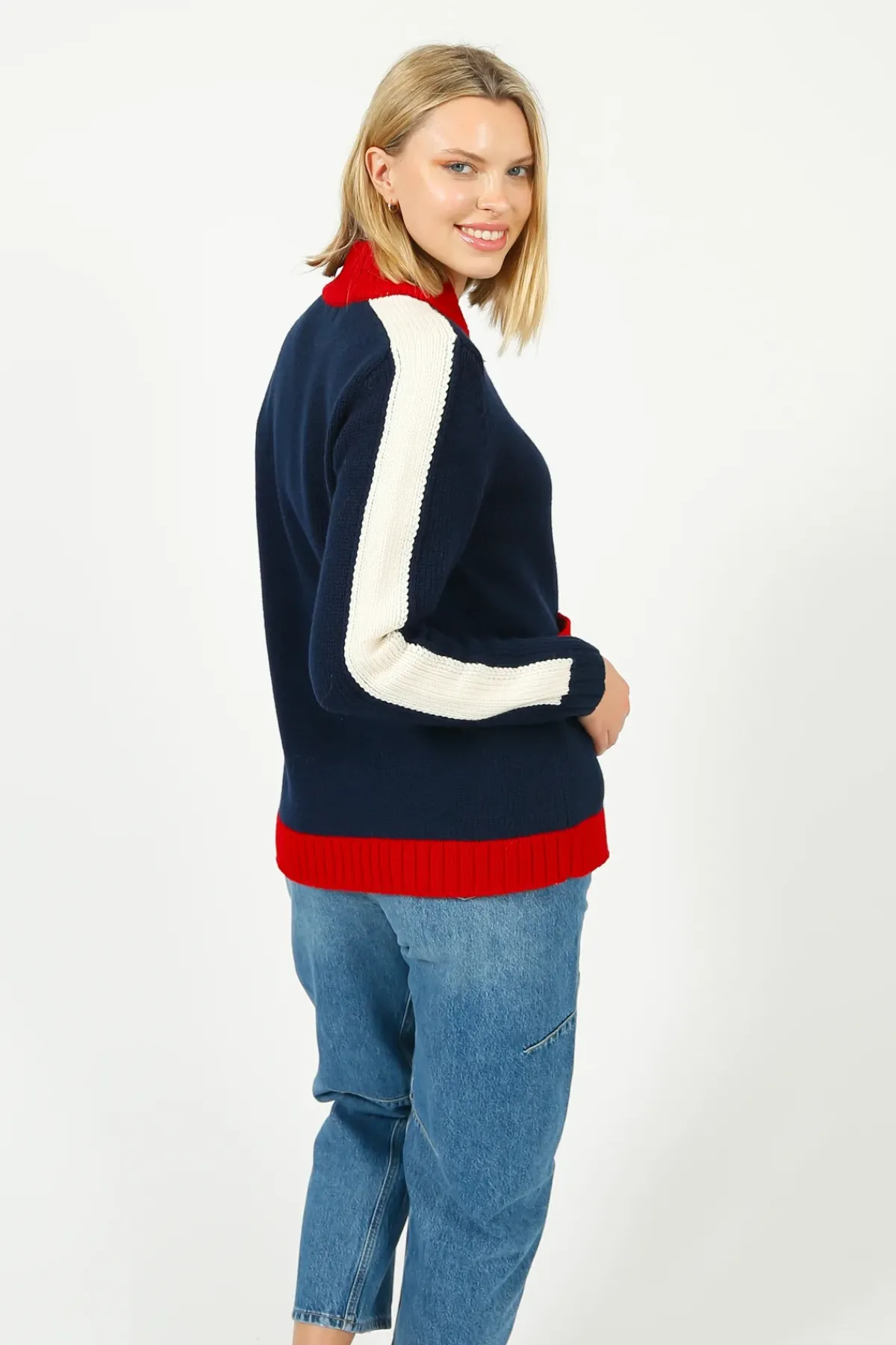 Bella Freud BF College Zip Up Bomber Jacket in Navy, Red