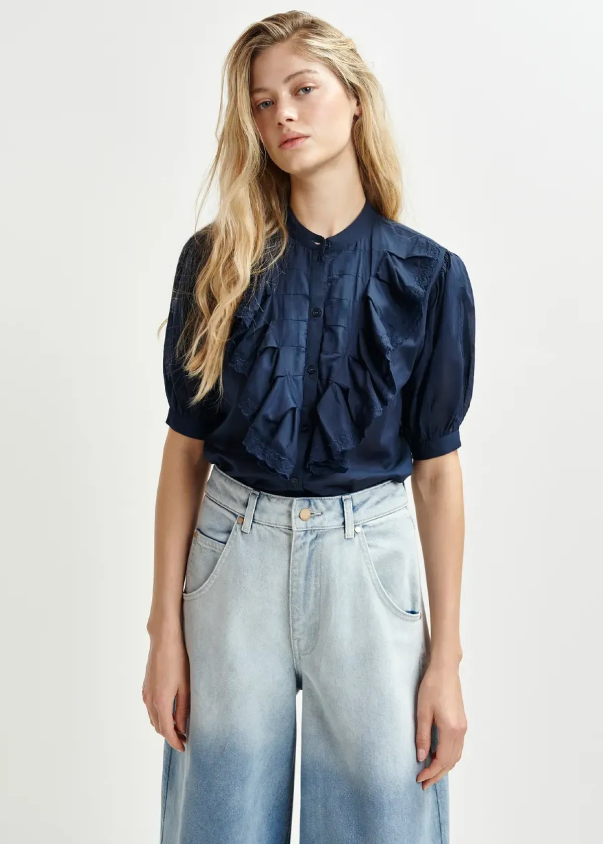 Essentiel Antwerp EA Hamadeus Ruffle Detail Shirt in Dark Sapphire