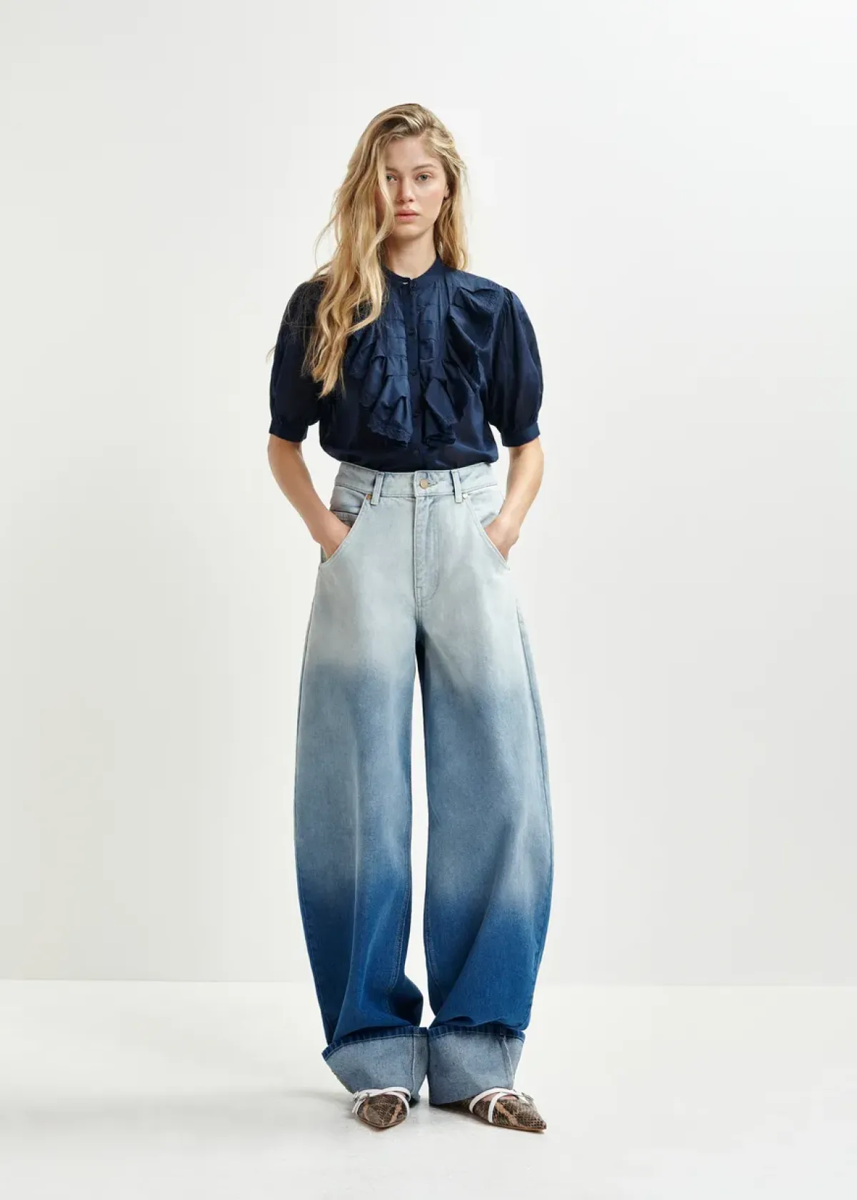 Essentiel Antwerp EA Hamadeus Ruffle Detail Shirt in Dark Sapphire