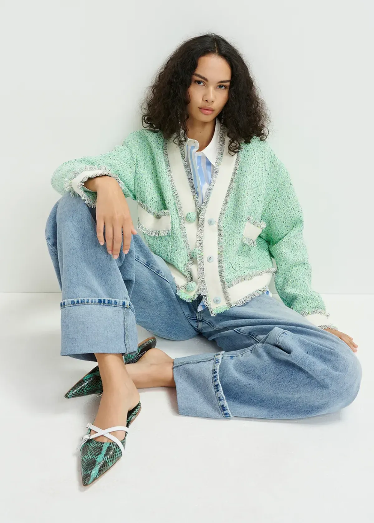 Essentiel Antwerp EA Hoola Cropped Fringe Jacket in Neptune Green