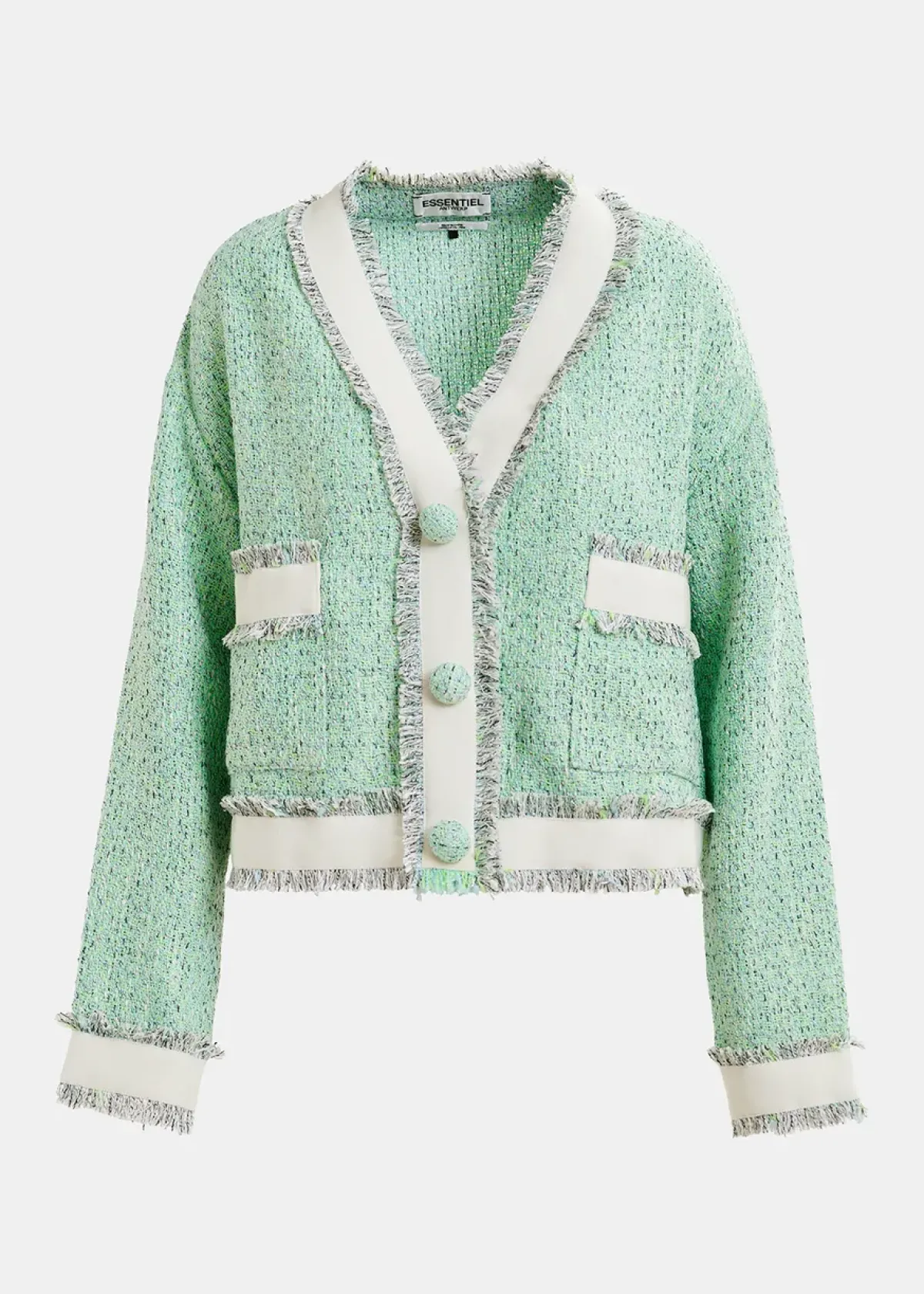 Essentiel Antwerp EA Hoola Cropped Fringe Jacket in Neptune Green
