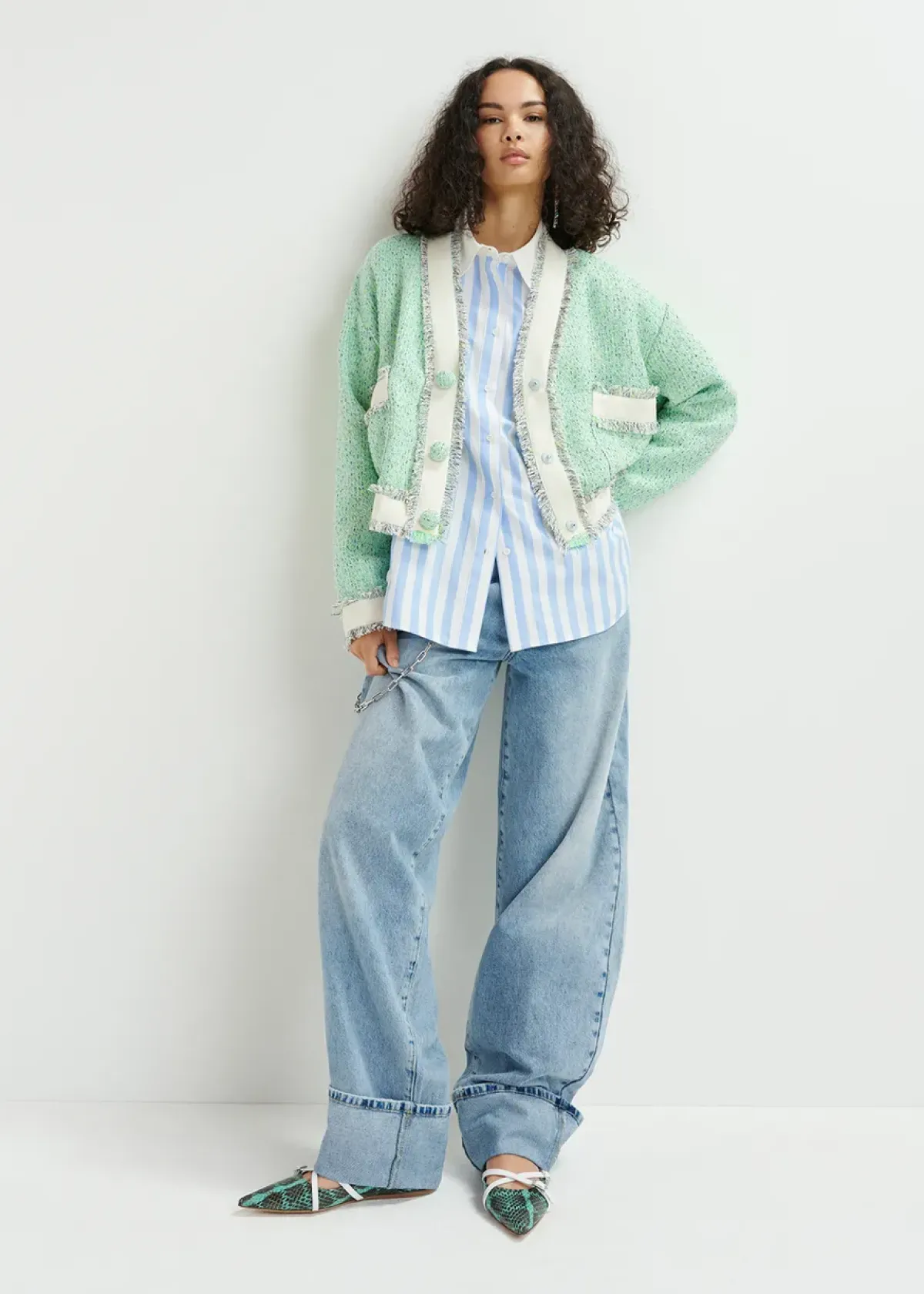 Essentiel Antwerp EA Hoola Cropped Fringe Jacket in Neptune Green