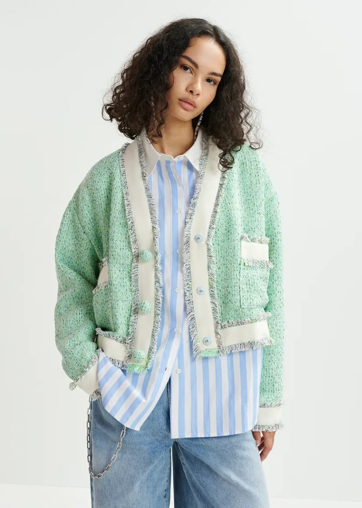Essentiel Antwerp EA Hoola Cropped Fringe Jacket in Neptune Green