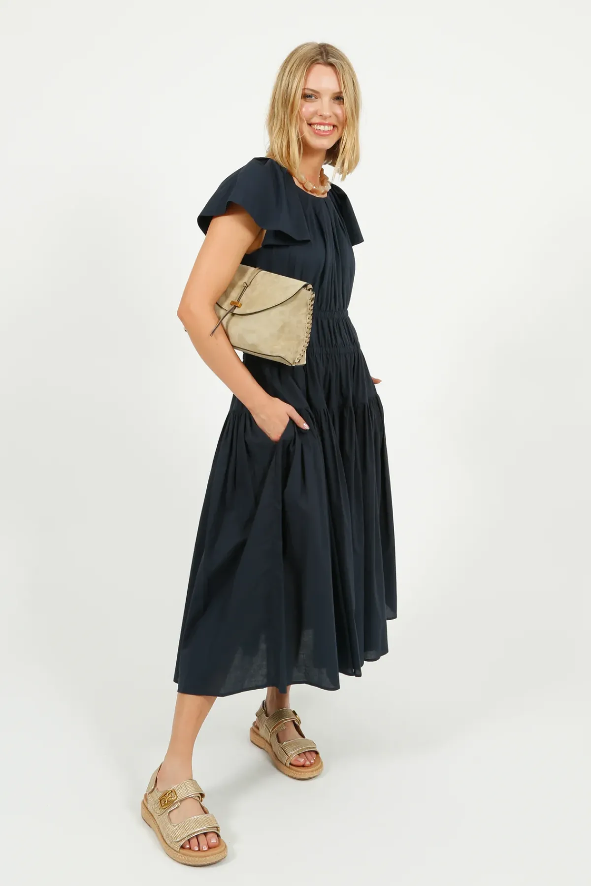 Emin Paul EP DR3405 Wide Shoulder Dress in Navy