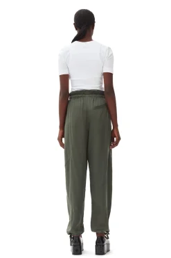 GANNI F9556 Washed Satin Elasticated Waist Pants in Climbing Ivy