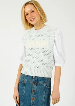 GANNI K2348 Textured Cotton Pointelle Vest in Illusion Blue
