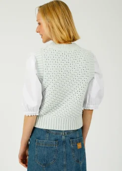 GANNI K2348 Textured Cotton Pointelle Vest in Illusion Blue