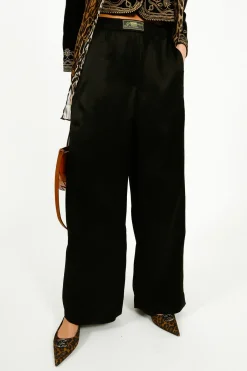 GANNI W0383 Fluid Satin Jacquard Elasticated Pants in Black