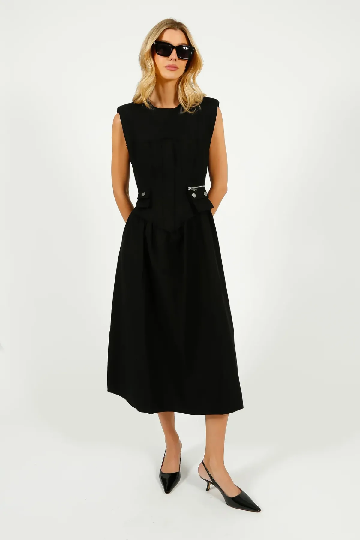 GANNI W0390 Heavy Cotton Tailoring Corset Midi Dress in Black