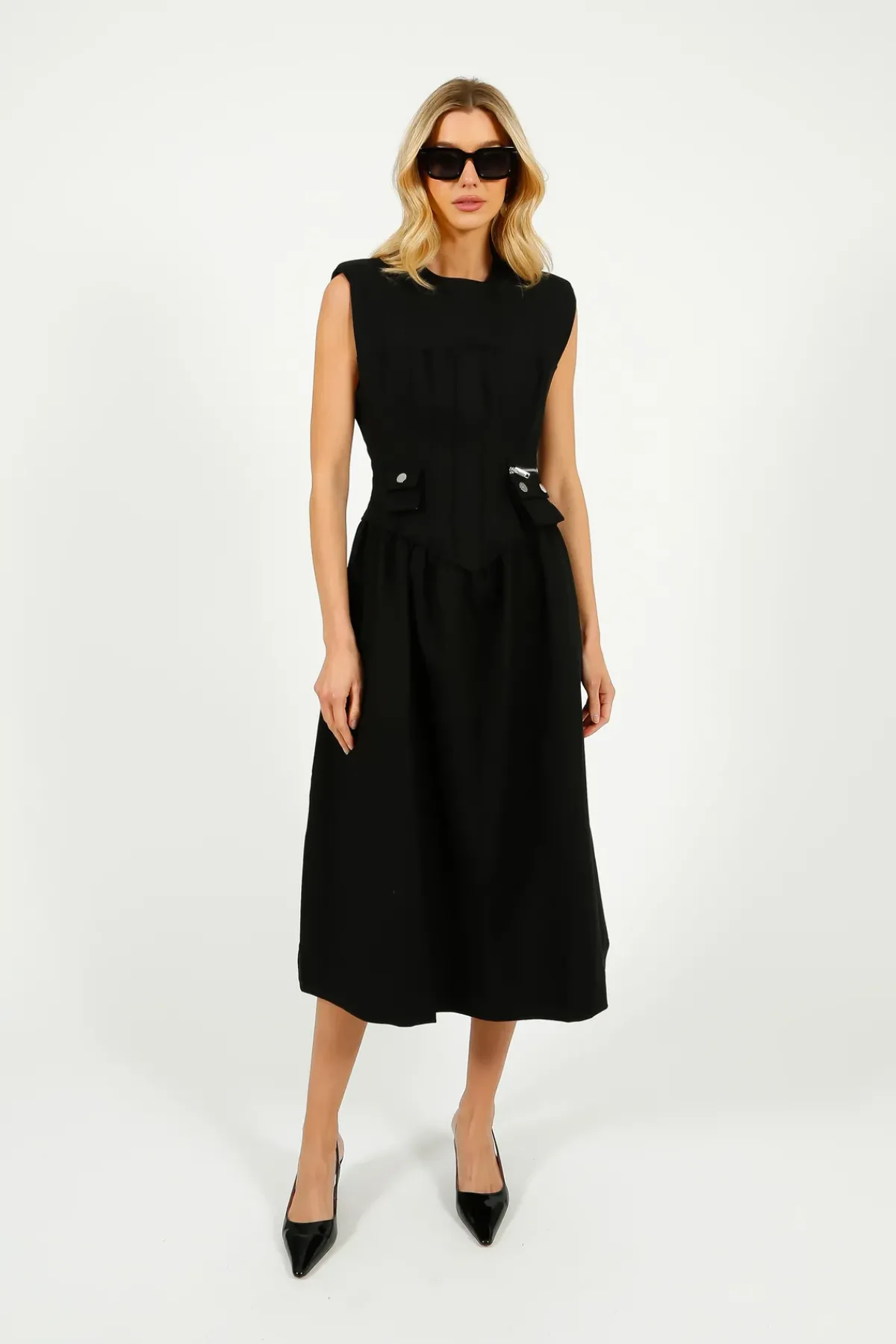 GANNI W0390 Heavy Cotton Tailoring Corset Midi Dress in Black