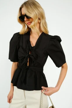 GANNI W0378 Washed Stretch Cotton Tie Strap Blouse in Black