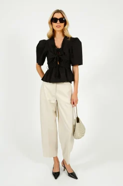 GANNI W0378 Washed Stretch Cotton Tie Strap Blouse in Black
