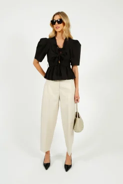 GANNI W0378 Washed Stretch Cotton Tie Strap Blouse in Black