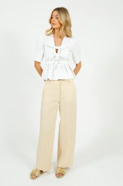 GANNI W0309 Washed Stretch Cotton Tie Strap Blouse in Bright White