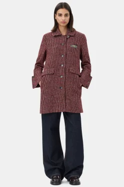 GANNI W0031 Woolen Check Midi Jacket in Racing Red