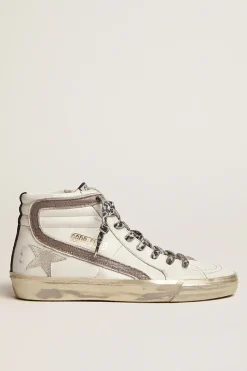 Golden Goose Deluxe Brand GG Slide Trainers in White Black and Taupe