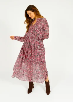 Marant Etoile IM Dalida Printed Dress in Raspberry, Black