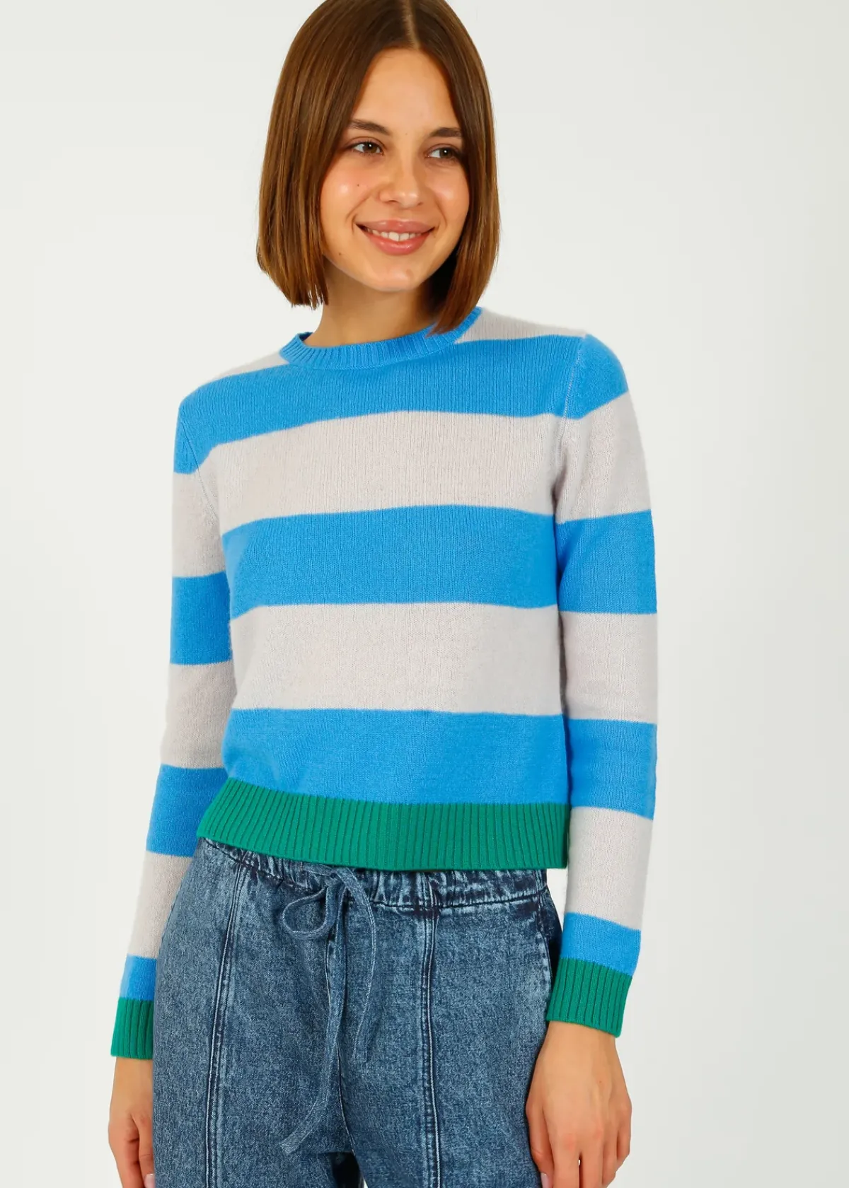 Jumper 1234 JU Contrast Stripe Crew in Sky, Fog, Emerald