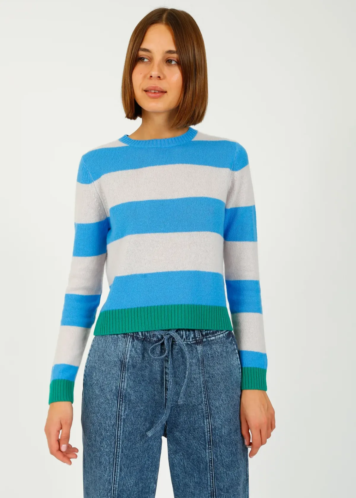 Jumper 1234 JU Contrast Stripe Crew in Sky, Fog, Emerald