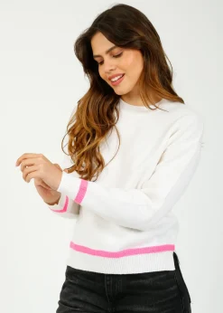 Jumper 1234 JU Heavy Trim Crew in Maritime White, Neon Pink