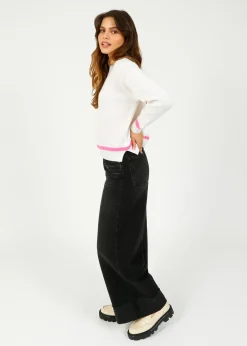 Jumper 1234 JU Heavy Trim Crew in Maritime White, Neon Pink