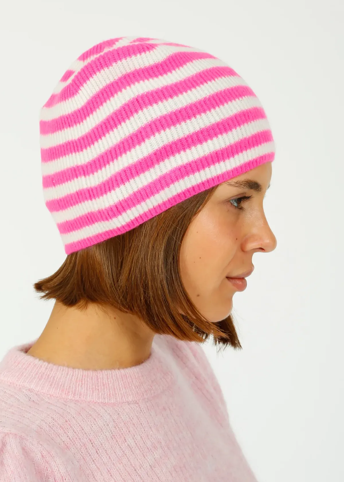 Jumper 1234 JU Narrow Stripe Rib Beanie in Hot Pink