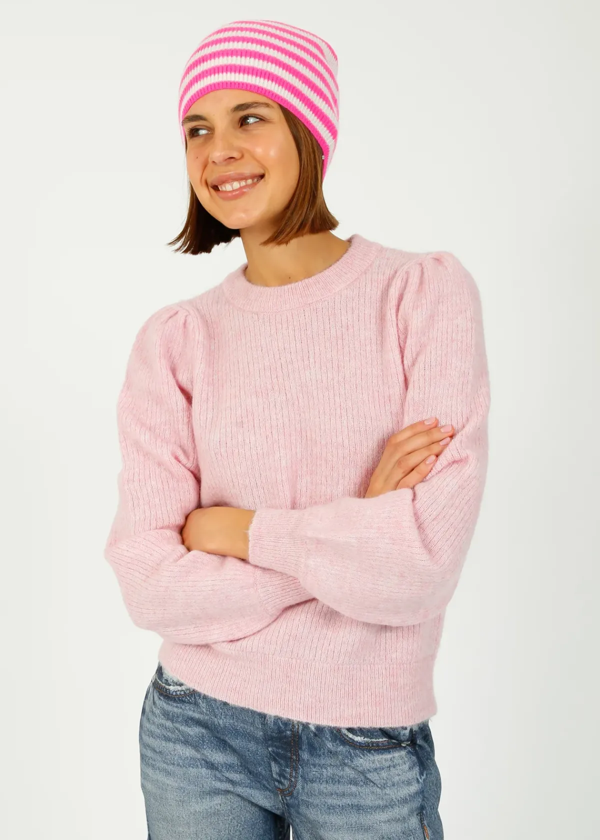 Jumper 1234 JU Narrow Stripe Rib Beanie in Hot Pink