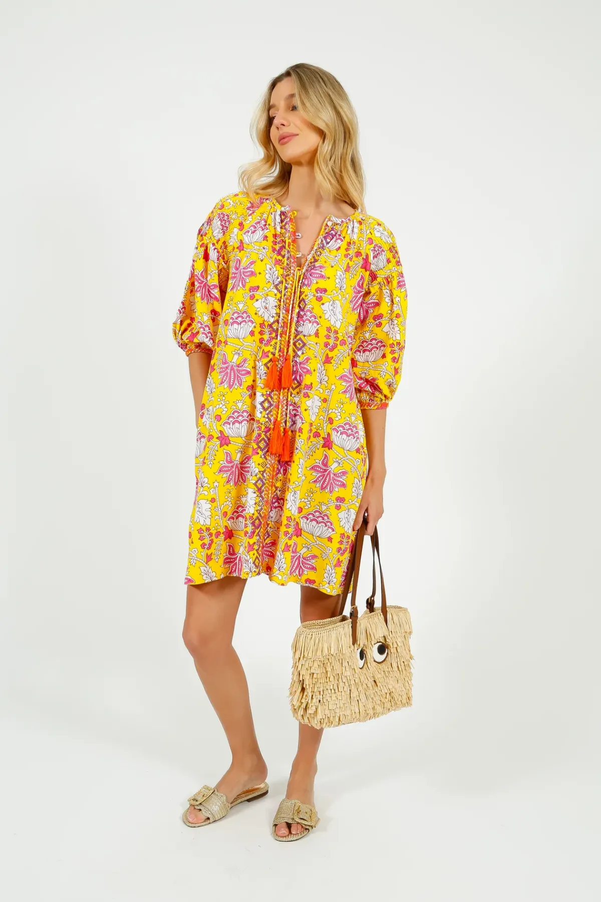 Place Du Soleil PDS 334 Embroidered Dress in Yellow