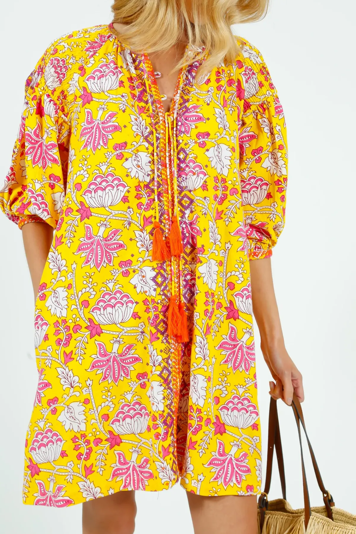 Place Du Soleil PDS 334 Embroidered Dress in Yellow
