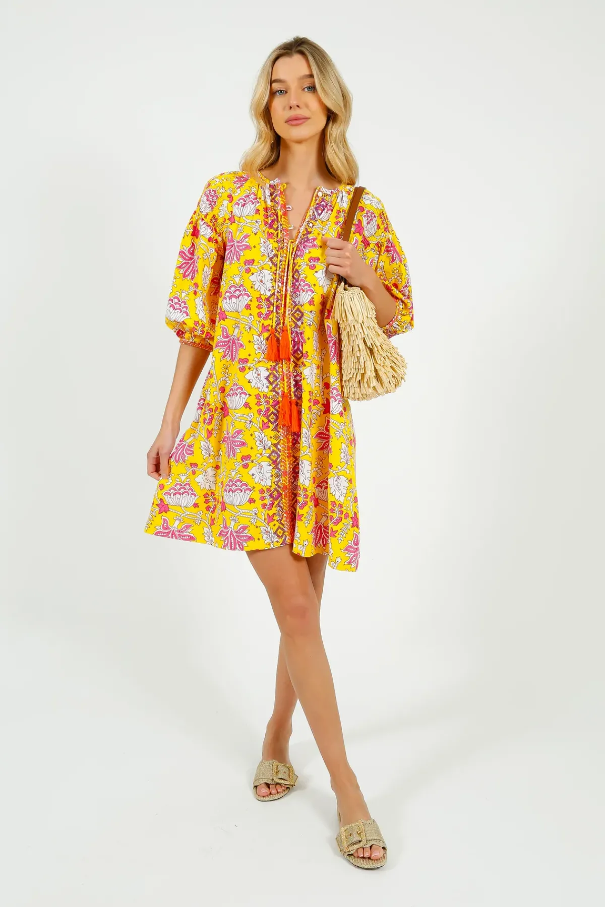 Place Du Soleil PDS 334 Embroidered Dress in Yellow