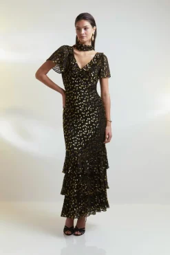 Rixo Amelle Dress in Scatter Devore Gold