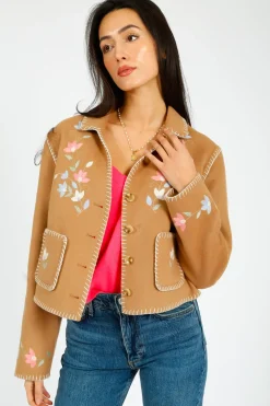 Rixo Sunday Jacket in Petal Embroidery Tan