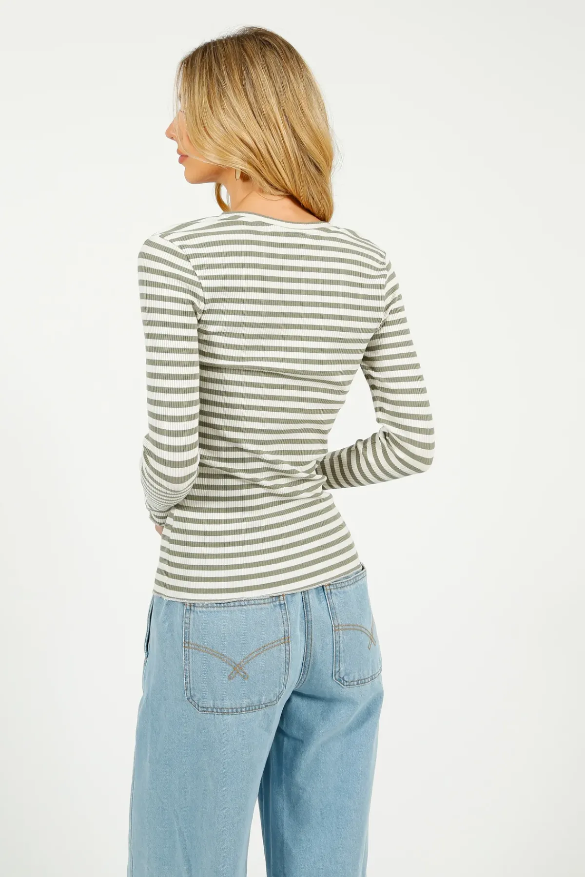 Selected Femme SLF Anna LS Crew in Vetiver, Snow White Stripe