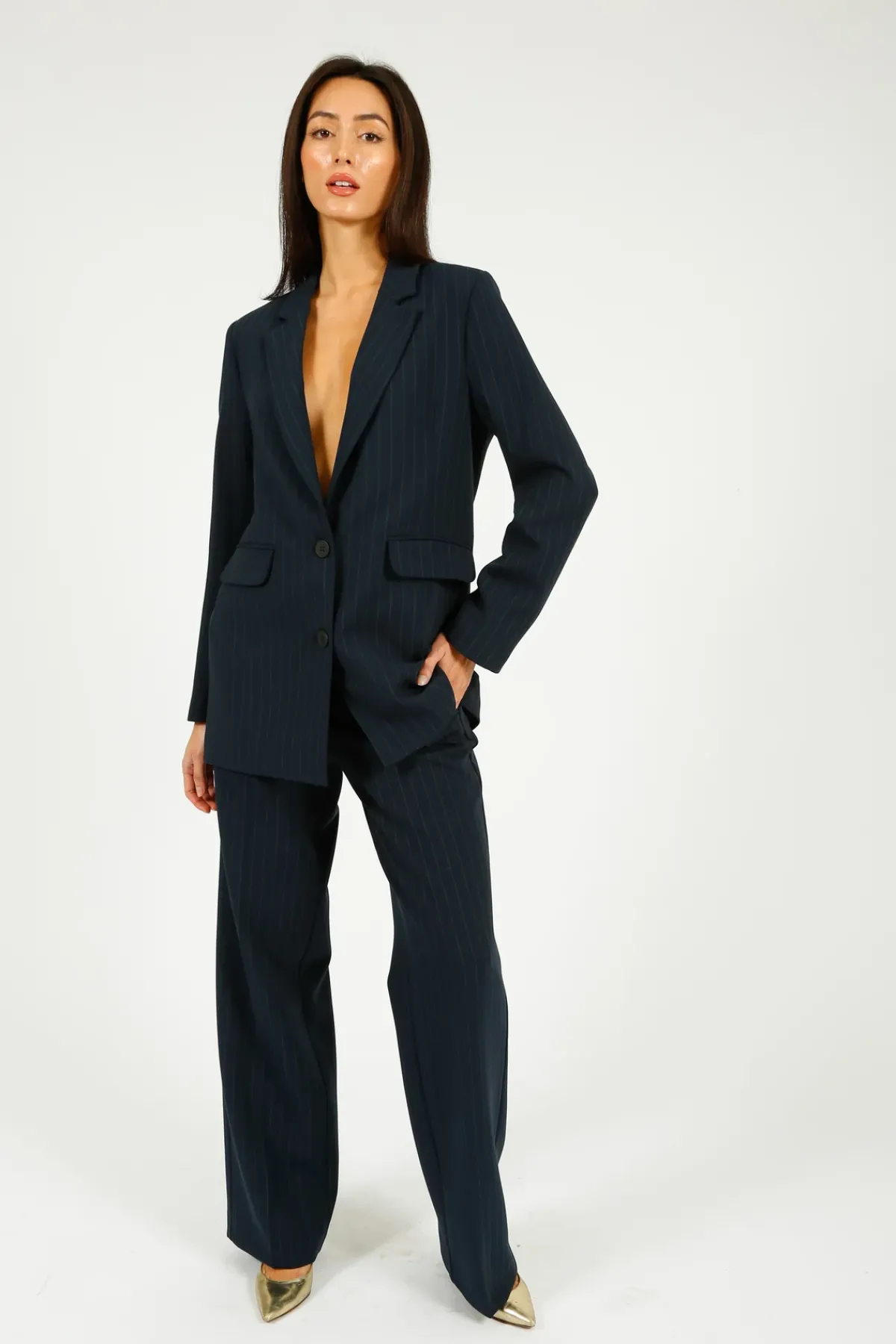 Selected Femme SLF Rita Wide Pant in Dark Sapphire Pin Stripe
