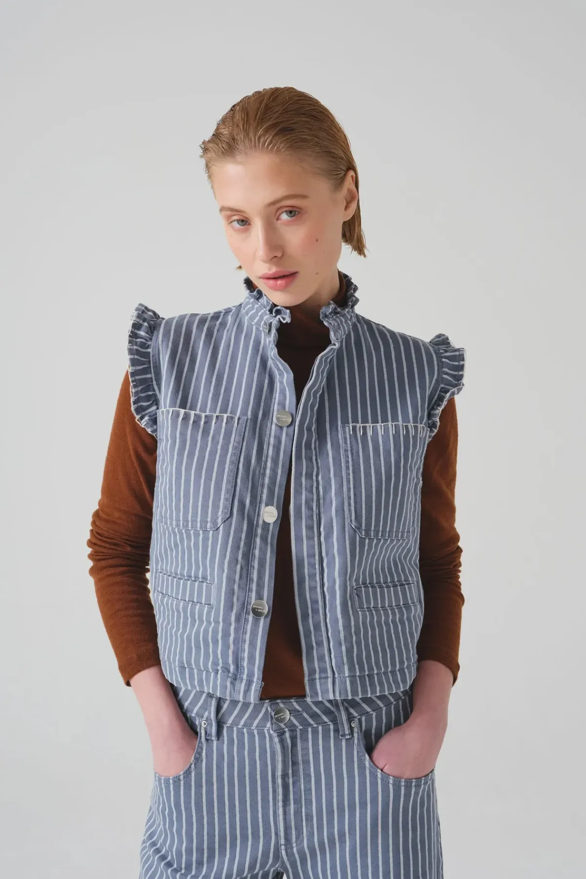 Seventy+Mochi Su0026M Pablo Waitscoat in Washed Denim Stripe