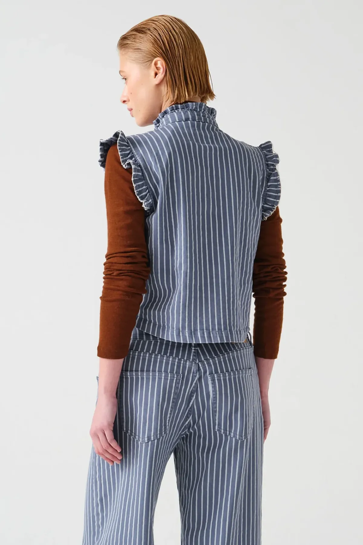 Seventy+Mochi Su0026M Pablo Waitscoat in Washed Denim Stripe