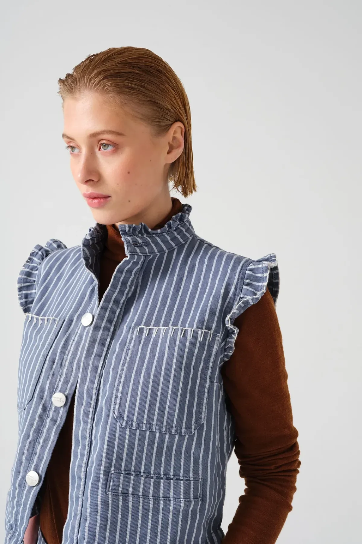 Seventy+Mochi Su0026M Pablo Waitscoat in Washed Denim Stripe