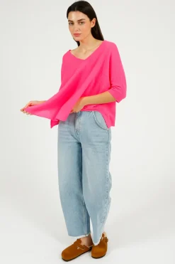 VK Cashmere VK Katji V Neck Half Sleeve Knit in Hot Pink