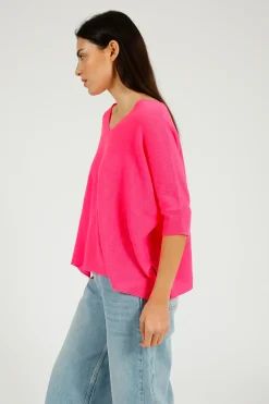 VK Cashmere VK Katji V Neck Half Sleeve Knit in Hot Pink