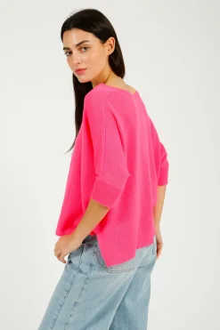 VK Cashmere VK Katji V Neck Half Sleeve Knit in Hot Pink
