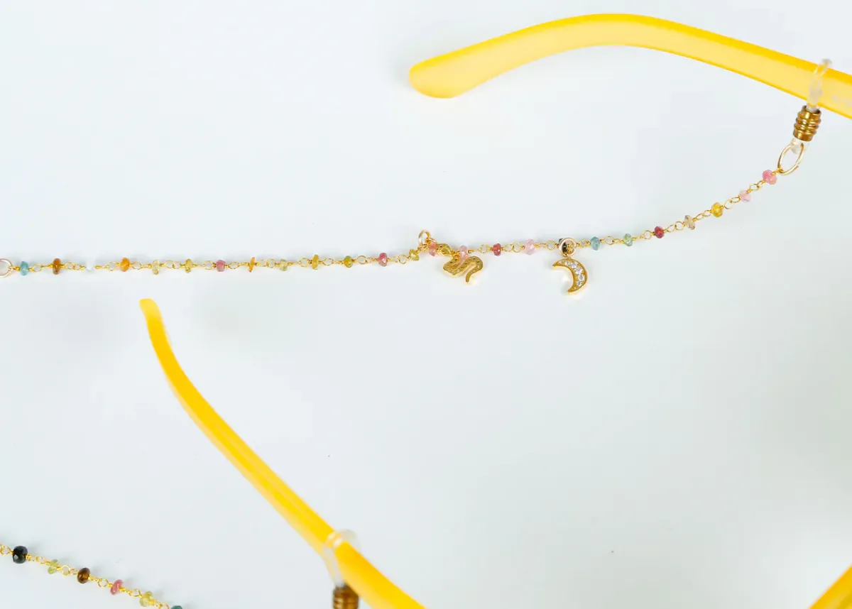 Zoi Marquee Glasses Chain, Pyrite, Emerald, Cactus, Stars